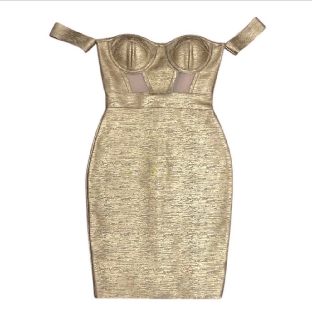 Bella Barnett Sakari Off Shoulder Metallic Cocktail Dress - Gold Size Medium NWT